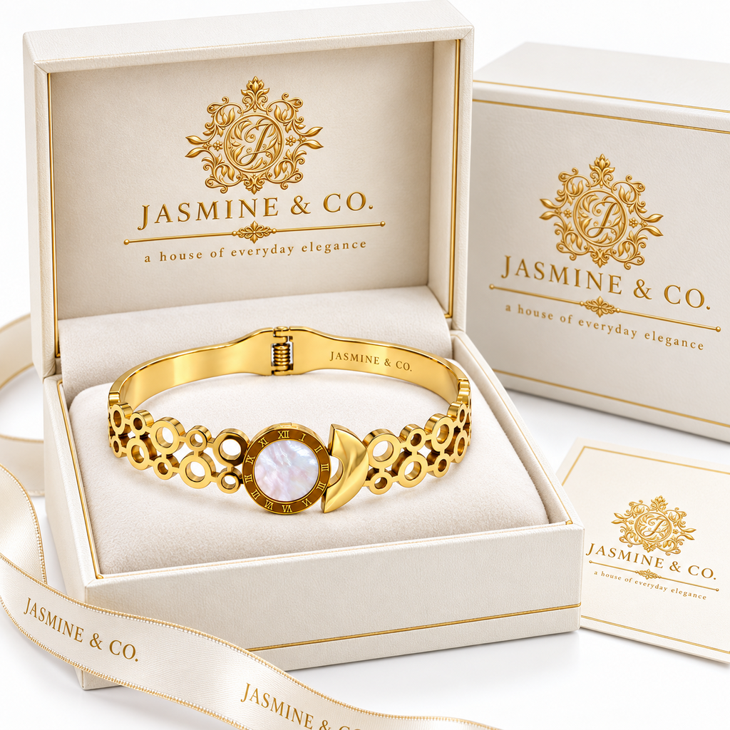 Jasmine & Co. Gold-Plated Anti-Tarnish White Stone Roman Numeral Bangle Bracelet – branded gift box