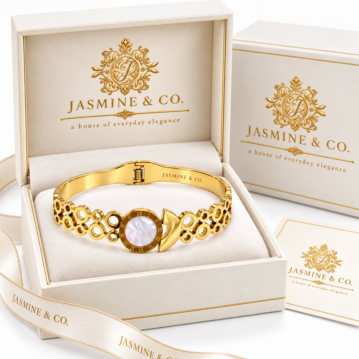 Jasmine & Co. Gold-Plated Anti-Tarnish White Stone Roman Numeral Bangle Bracelet – branded gift box