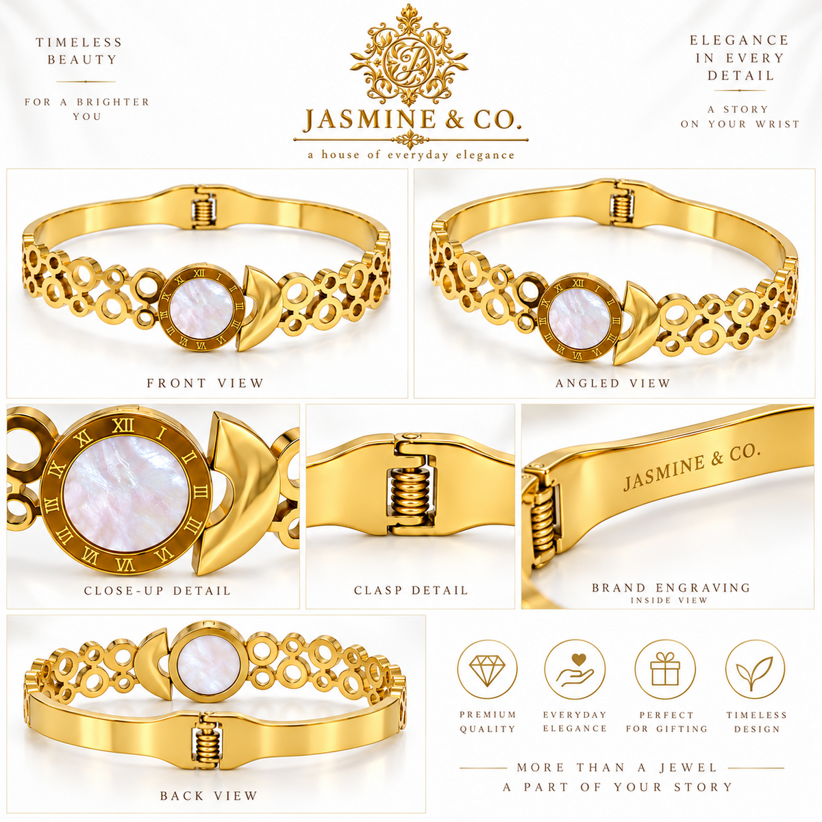 Jasmine & Co. Gold-Plated Anti-Tarnish White Stone Roman Numeral Bangle Bracelet – multi-angle product details