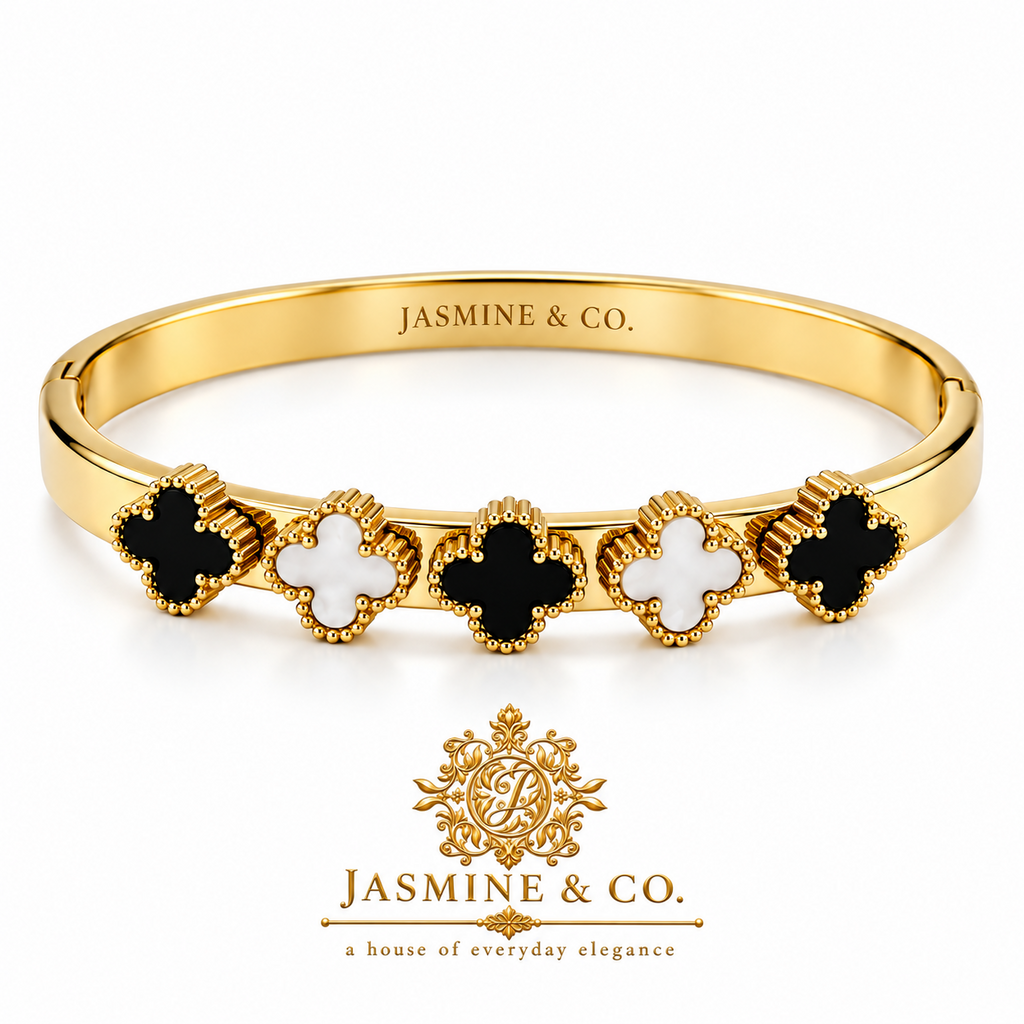Jasmine & Co. Gold-Plated Anti-Tarnish Black & White Clover Bangle Bracelet – front view