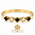 Jasmine & Co. Gold-Plated Anti-Tarnish Black & White Clover Bangle Bracelet – front view