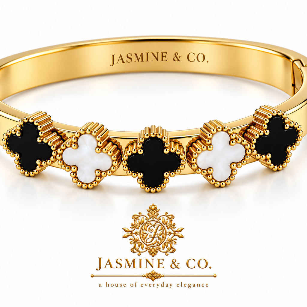 Jasmine & Co. Gold-Plated Anti-Tarnish Black & White Clover Bangle Bracelet – black and white clover details
