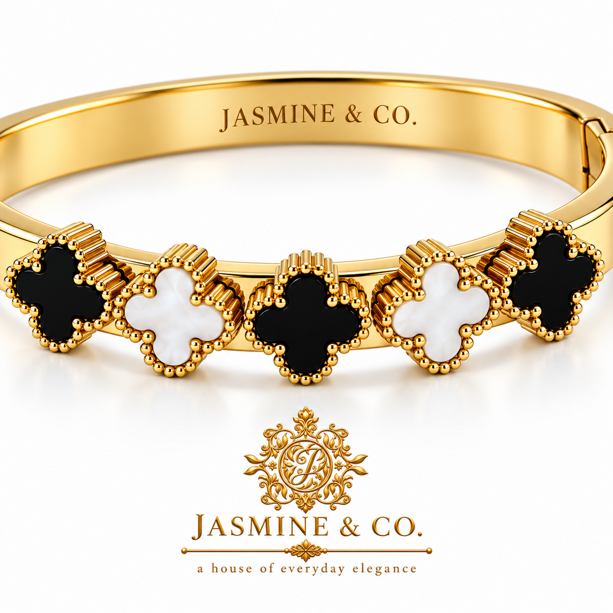 Jasmine & Co. Gold-Plated Anti-Tarnish Black & White Clover Bangle Bracelet – black and white clover details