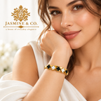 Jasmine & Co. Gold-Plated Anti-Tarnish Black & White Clover Bangle Bracelet – model wearing