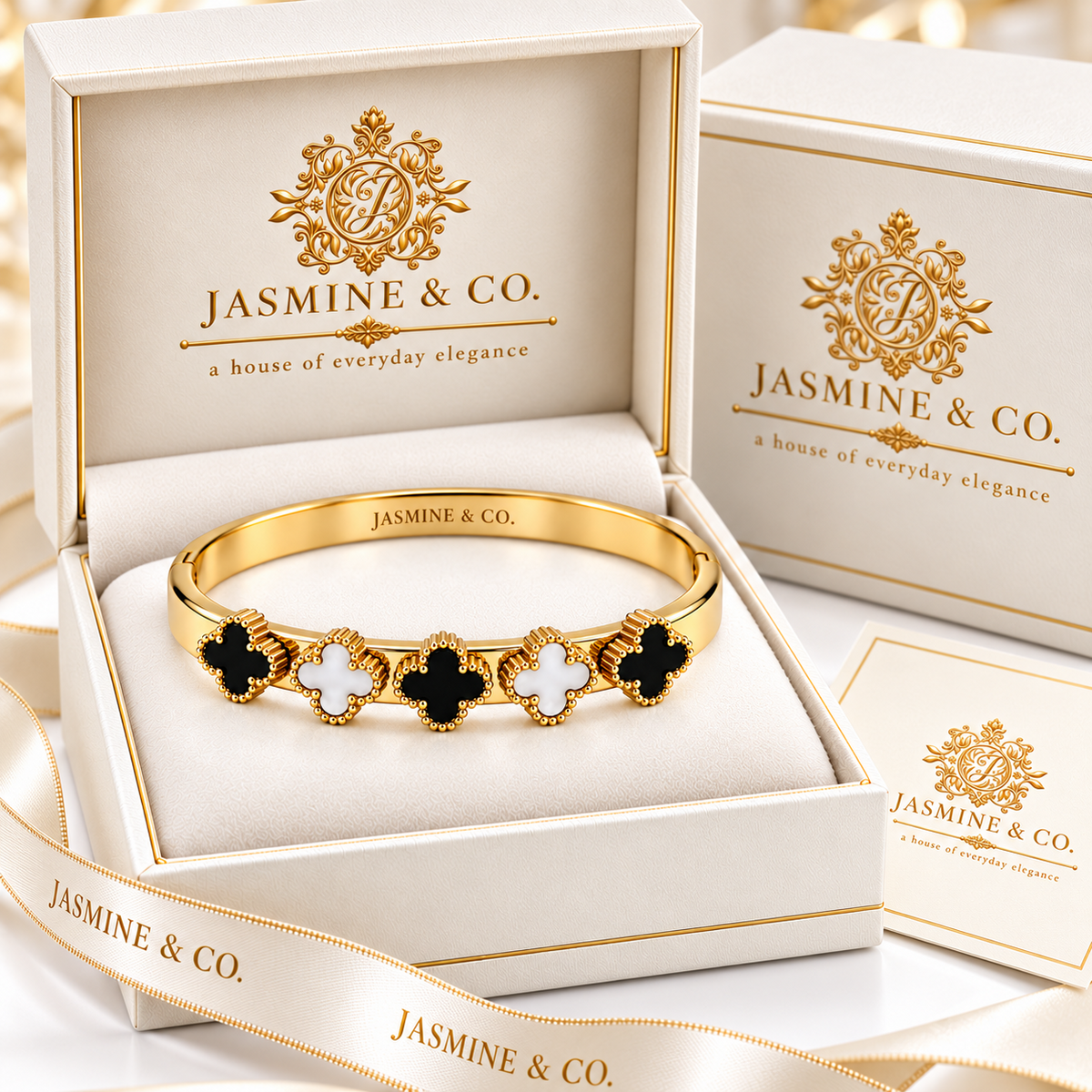 Jasmine & Co. Gold-Plated Anti-Tarnish Black & White Clover Bangle Bracelet – branded gift box