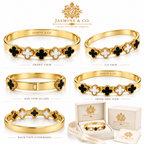 Jasmine & Co. Gold-Plated Anti-Tarnish Black & White Clover Bangle Bracelet – multi-angle product collage