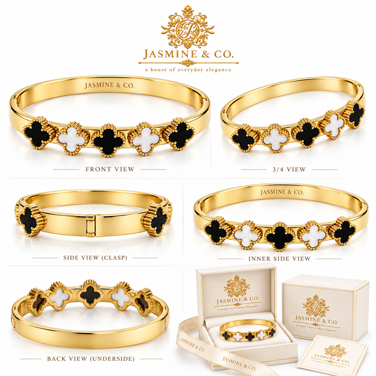 Jasmine & Co. Gold-Plated Anti-Tarnish Black & White Clover Bangle Bracelet – multi-angle product collage