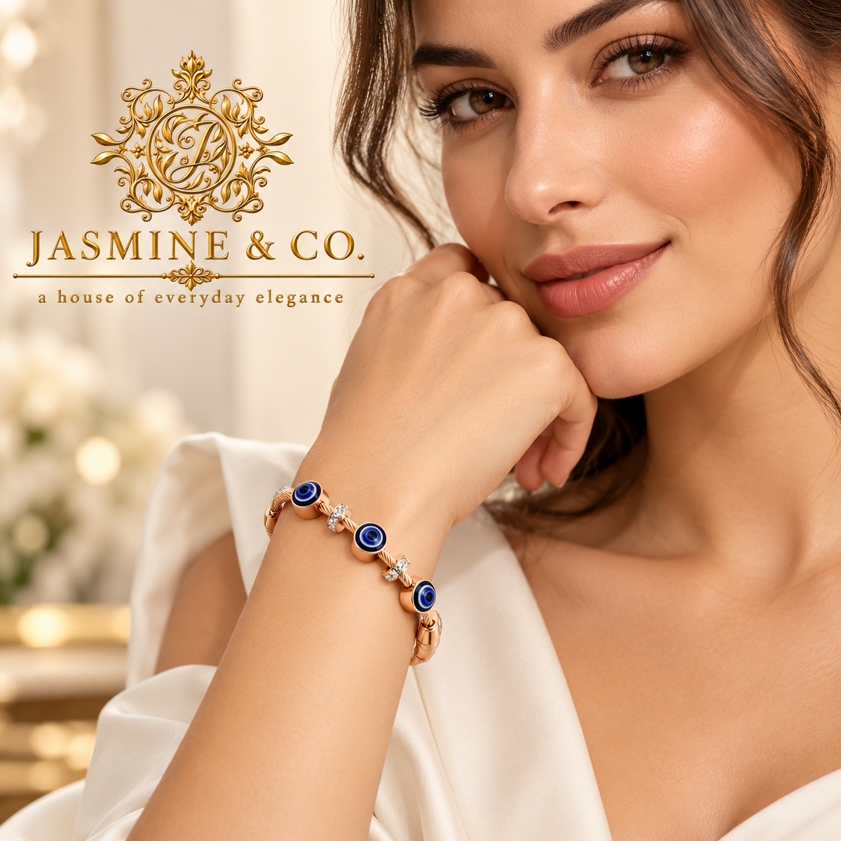 Jasmine & Co. Gold-Plated Anti-Tarnish Evil Eye Cable Bangle Bracelet with Crystal Accents – model wearing