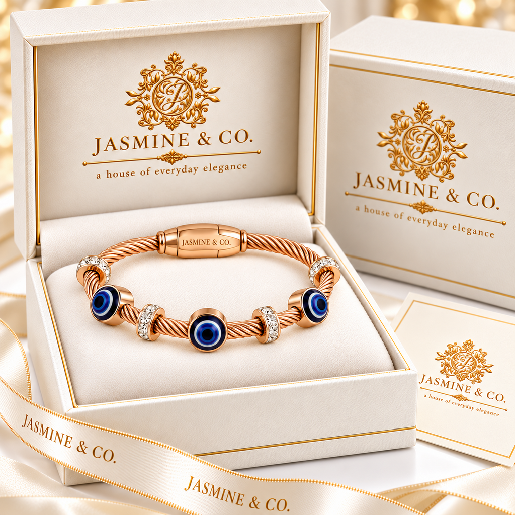 Jasmine & Co. Gold-Plated Anti-Tarnish Evil Eye Cable Bangle Bracelet with Crystal Accents – branded gift box