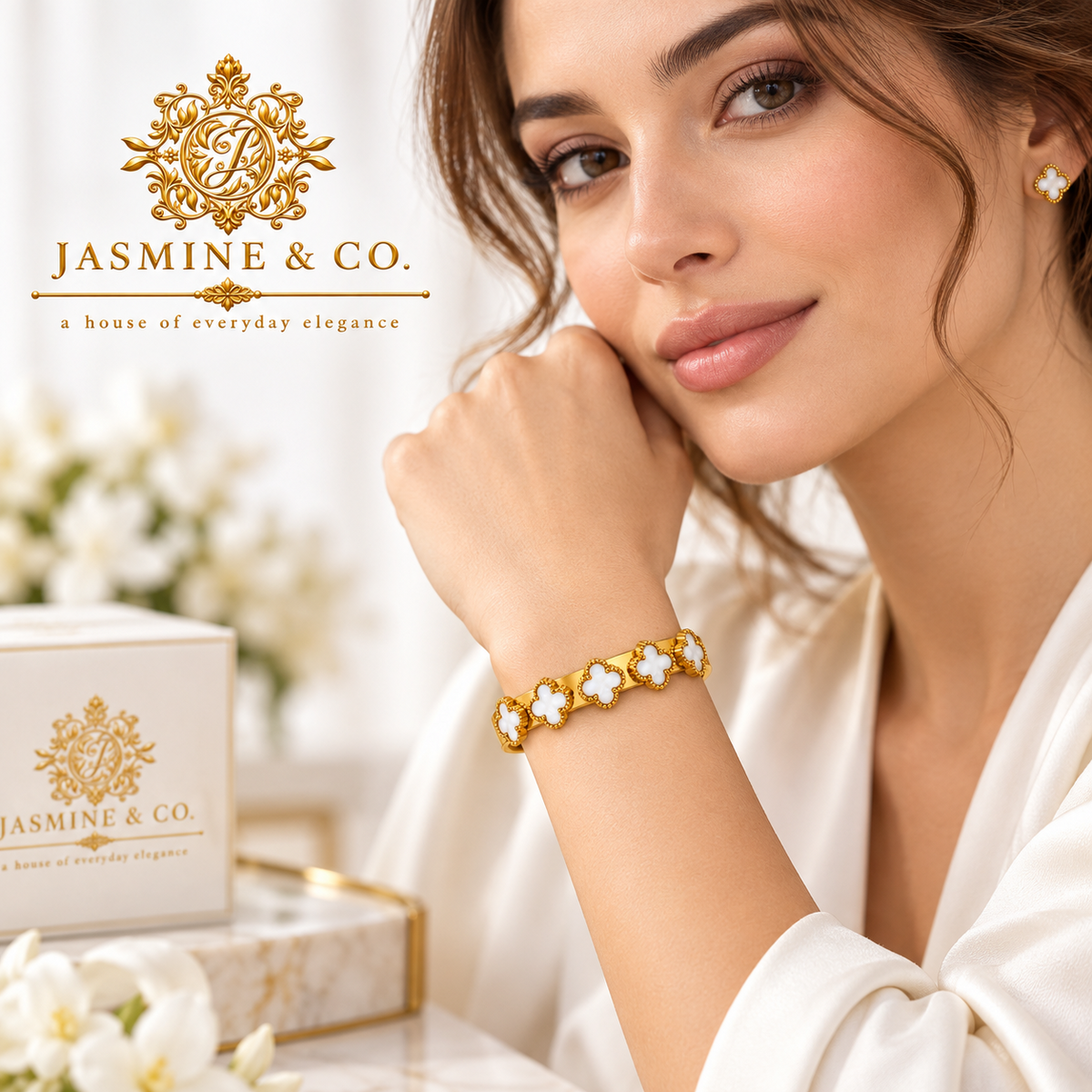 Jasmine & Co. White Clover Bangle Bracelet – model wearing