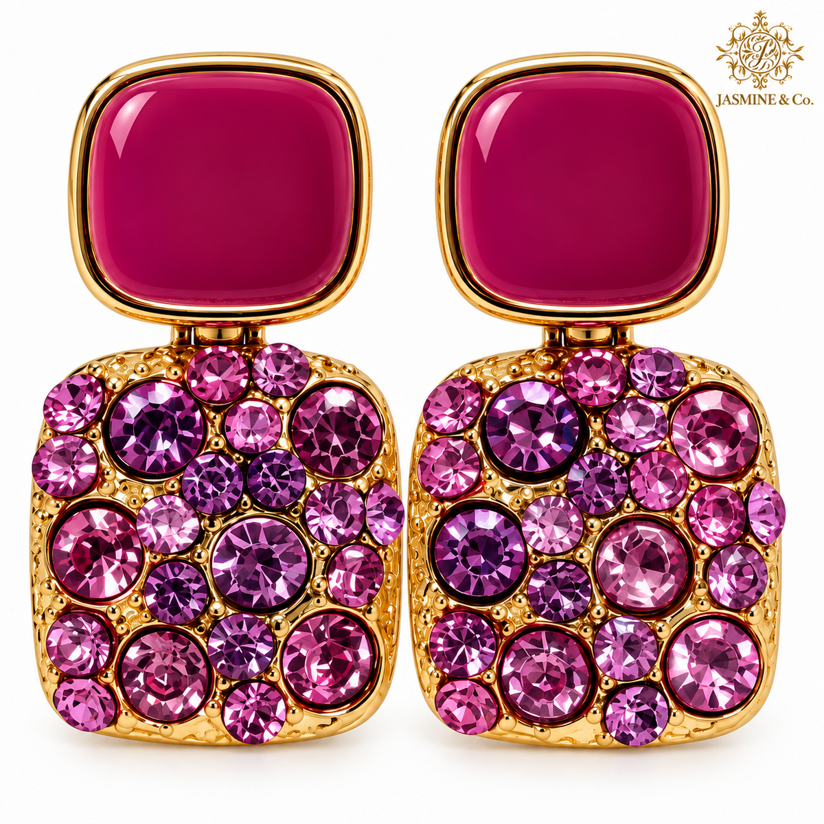 Jasmine & Co. Anti-Tarnish Pink Crystal Statement Stud Earrings: close-up detail