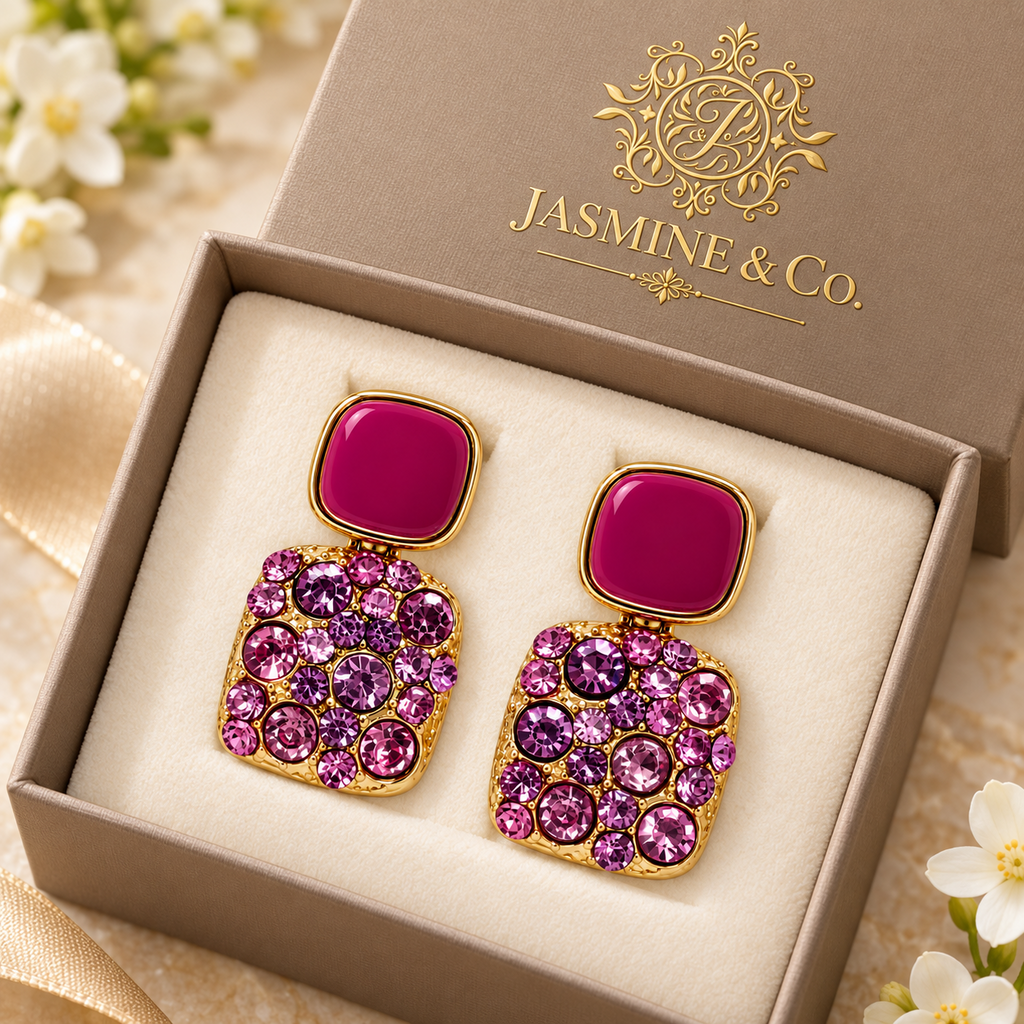 Jasmine & Co. Anti-Tarnish Pink Crystal Statement Stud Earrings: branded gift box