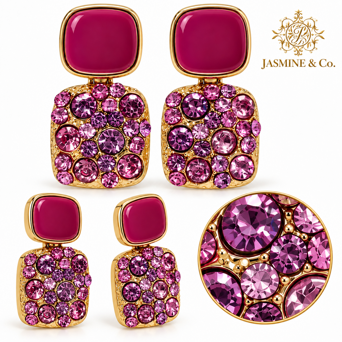 Jasmine & Co. Anti-Tarnish Pink Crystal Statement Stud Earrings: multi-angle collage