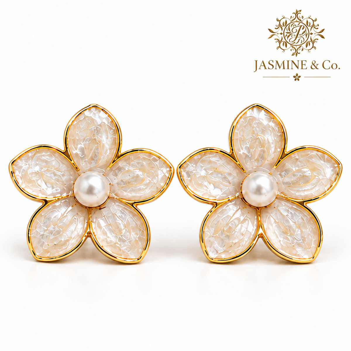 Jasmine & Co. Anti-Tarnish Jasmine Flower Pearl Centre Stud Earrings: studio hero