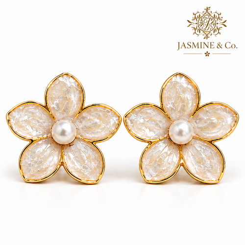 Jasmine & Co. Anti-Tarnish Jasmine Flower Pearl Centre Stud Earrings: studio hero