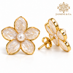 Jasmine & Co. Anti-Tarnish Jasmine Flower Pearl Centre Stud Earrings: close-up detail