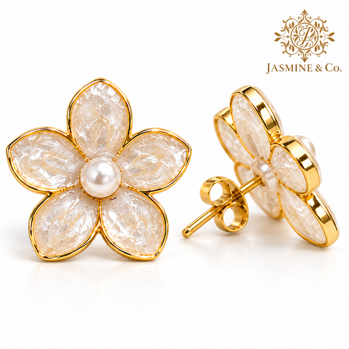 Jasmine & Co. Anti-Tarnish Jasmine Flower Pearl Centre Stud Earrings: close-up detail