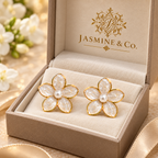 Jasmine & Co. Anti-Tarnish Jasmine Flower Pearl Centre Stud Earrings: branded gift box