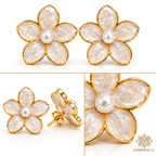 Jasmine & Co. Anti-Tarnish Jasmine Flower Pearl Centre Stud Earrings: multi-angle collage
