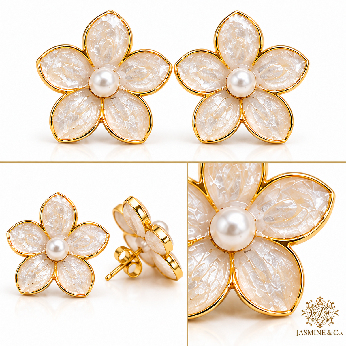 Jasmine & Co. Anti-Tarnish Jasmine Flower Pearl Centre Stud Earrings: multi-angle collage