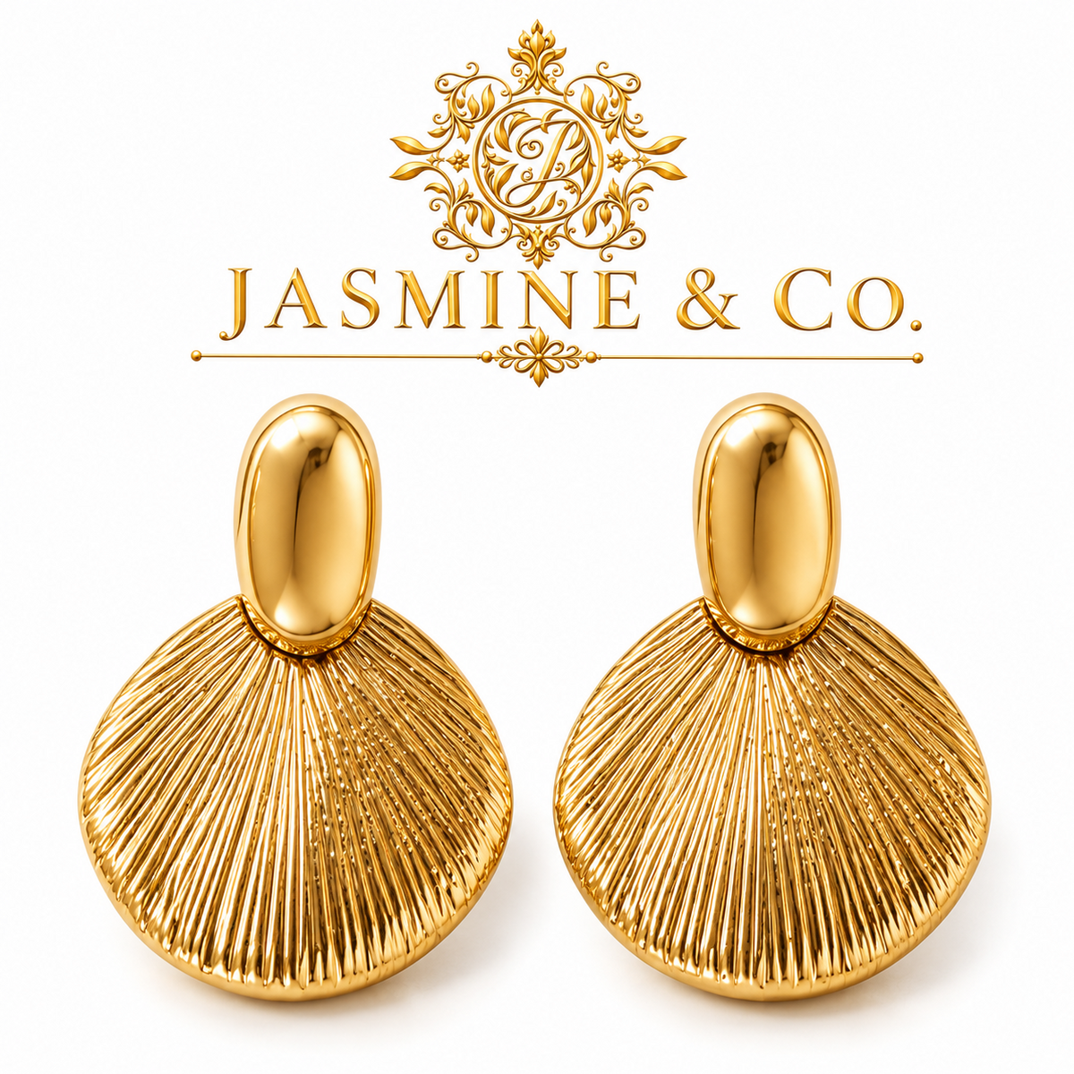 Anti-Tarnish Gold Fan Drop Earrings - close-up