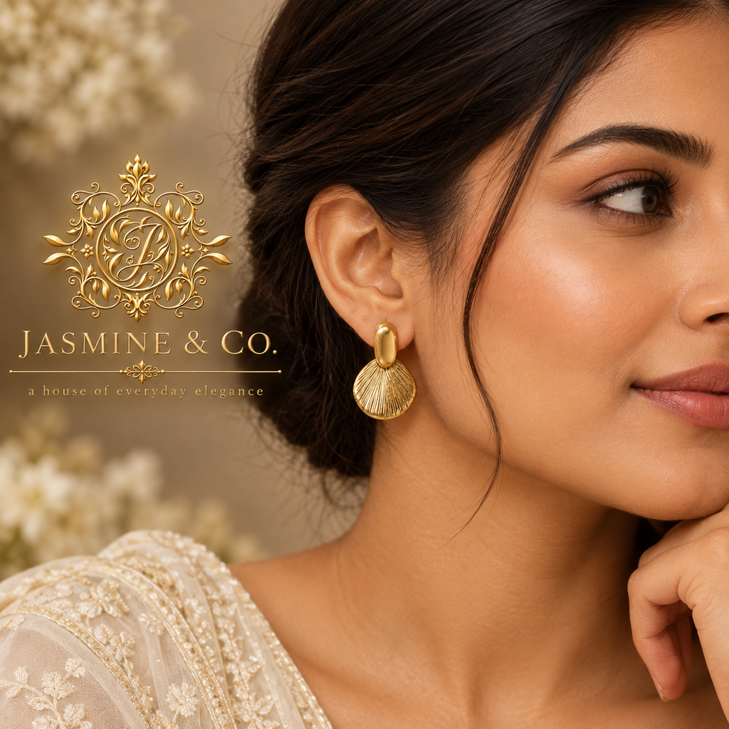 Anti-Tarnish Gold Fan Drop Earrings - model wearing