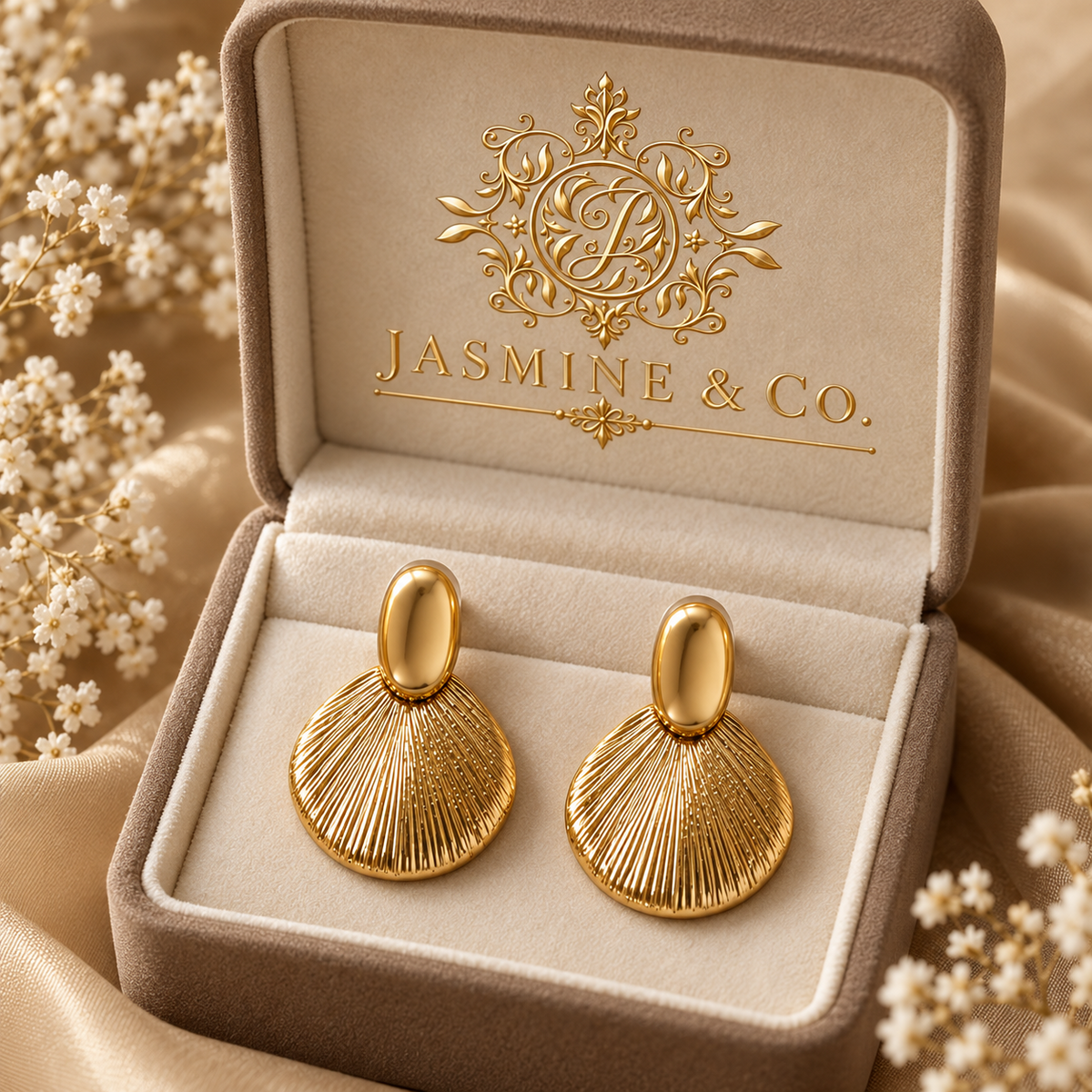 Anti-Tarnish Gold Fan Drop Earrings - branded gift box