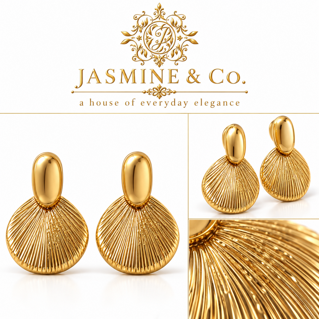Anti-Tarnish Gold Fan Drop Earrings - multi-angle details
