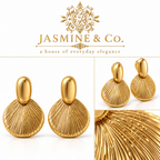 Anti-Tarnish Gold Fan Drop Earrings - multi-angle details
