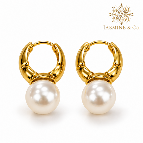 Anti-Tarnish Golden Pearl Drop Hoop Earrings - studio hero