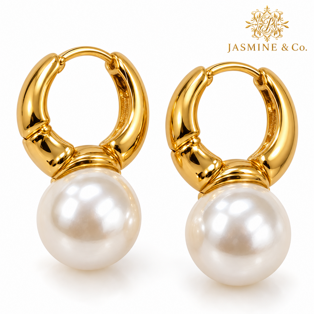 Anti-Tarnish Golden Pearl Drop Hoop Earrings - close-up