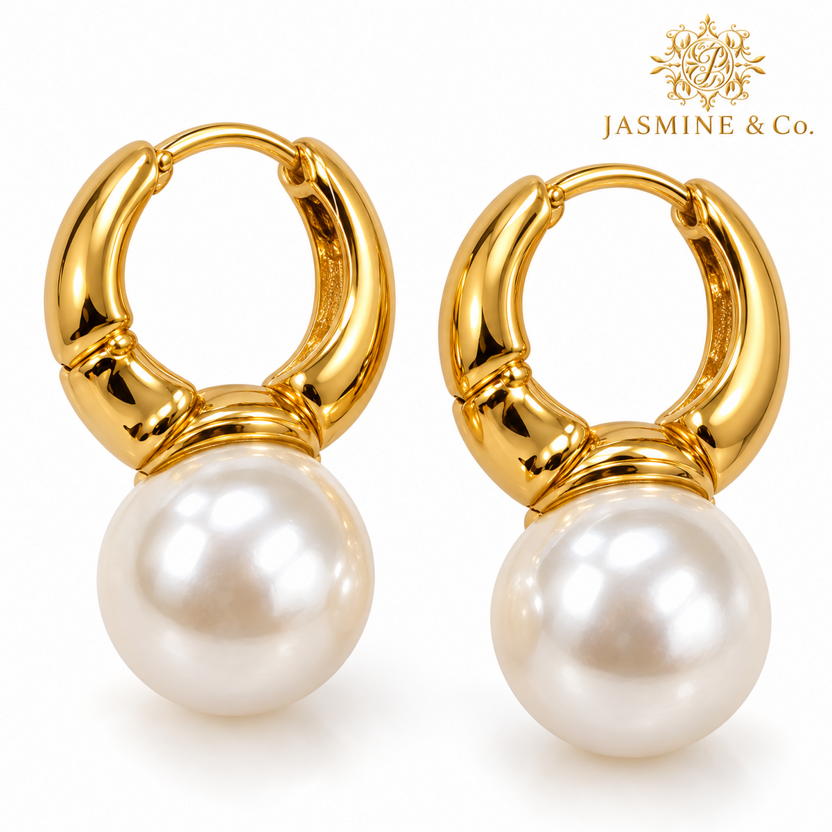 Anti-Tarnish Golden Pearl Drop Hoop Earrings - close-up