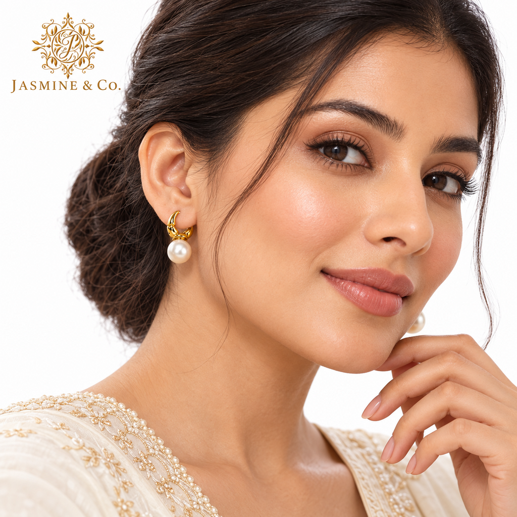 Anti-Tarnish Golden Pearl Drop Hoop Earrings - model wearing