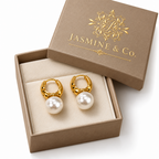Anti-Tarnish Golden Pearl Drop Hoop Earrings - branded gift box