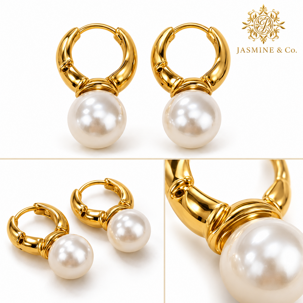 Anti-Tarnish Golden Pearl Drop Hoop Earrings - multi-angle details