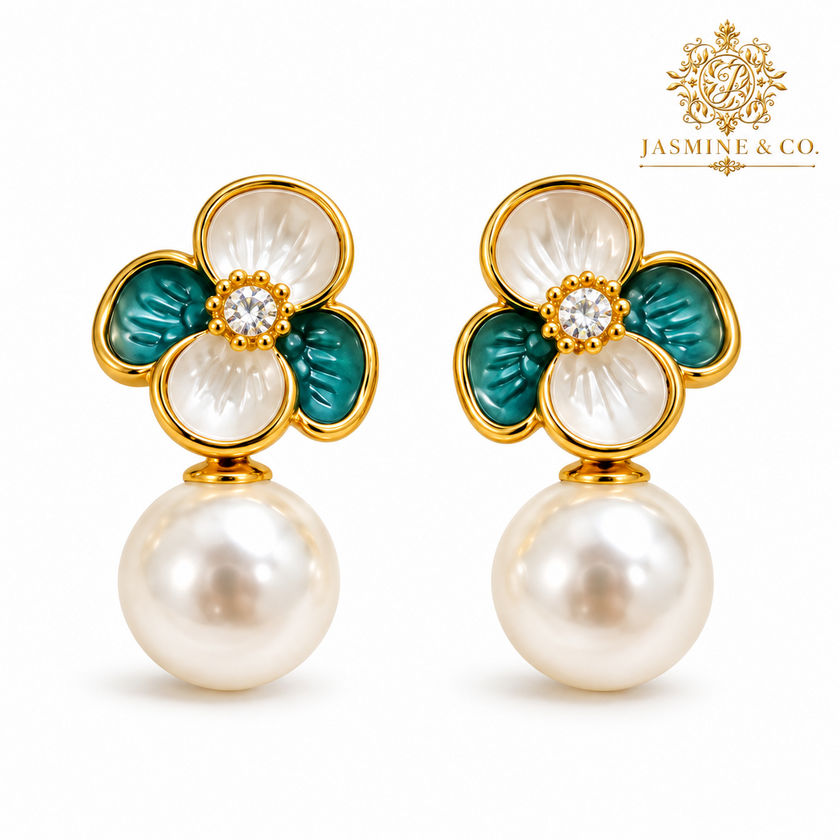 Anti-Tarnish Green and Ivory Floral Pearl Drop Earrings - studio hero