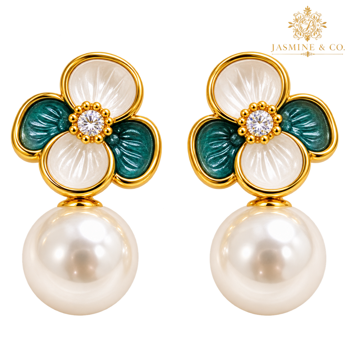 Anti-Tarnish Green and Ivory Floral Pearl Drop Earrings - close-up