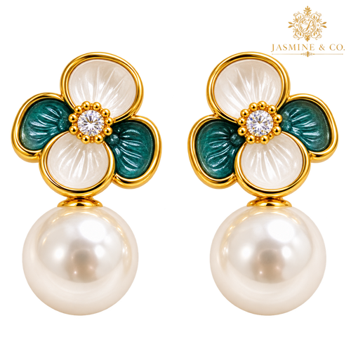 Anti-Tarnish Green and Ivory Floral Pearl Drop Earrings - close-up