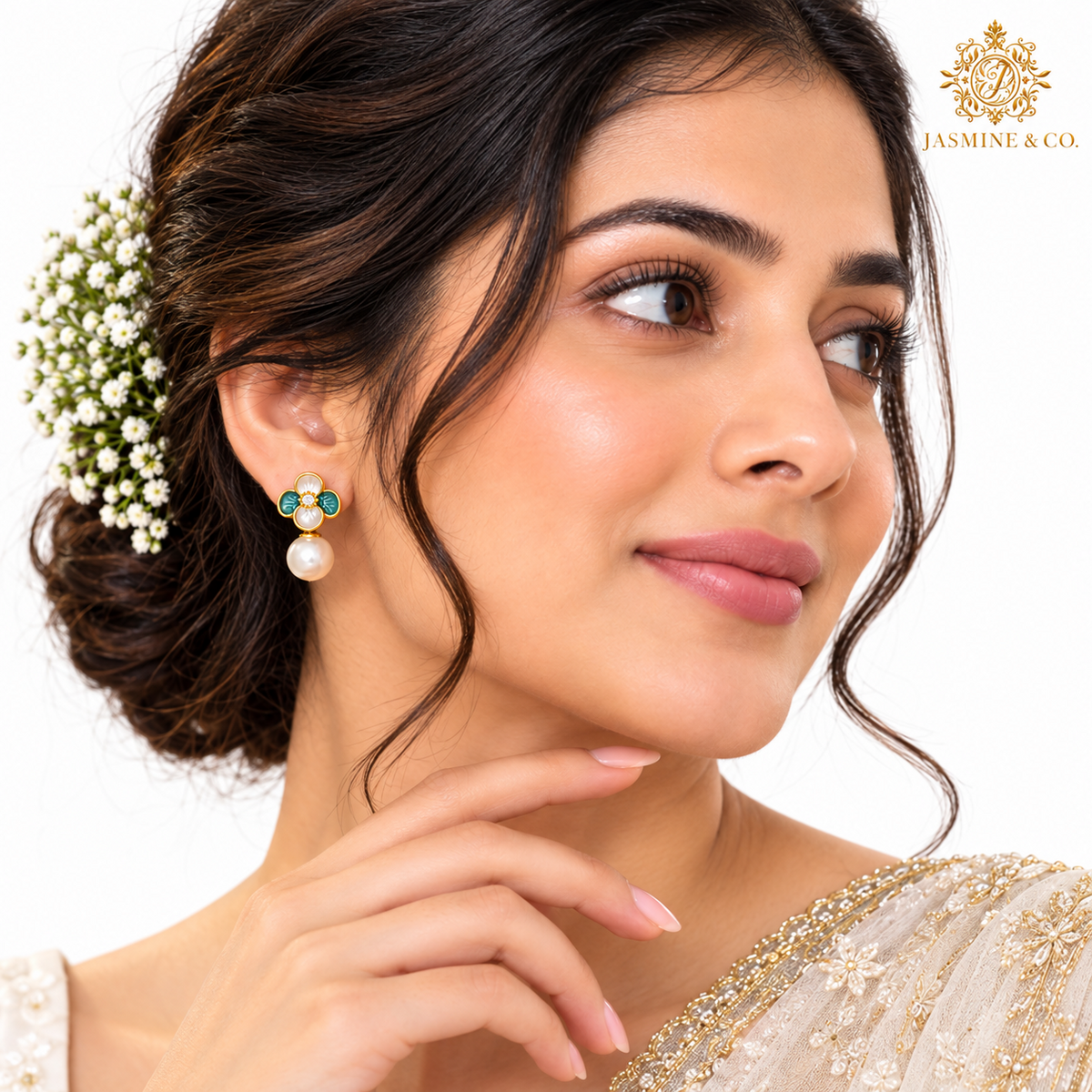 Anti-Tarnish Green and Ivory Floral Pearl Drop Earrings - model wearing