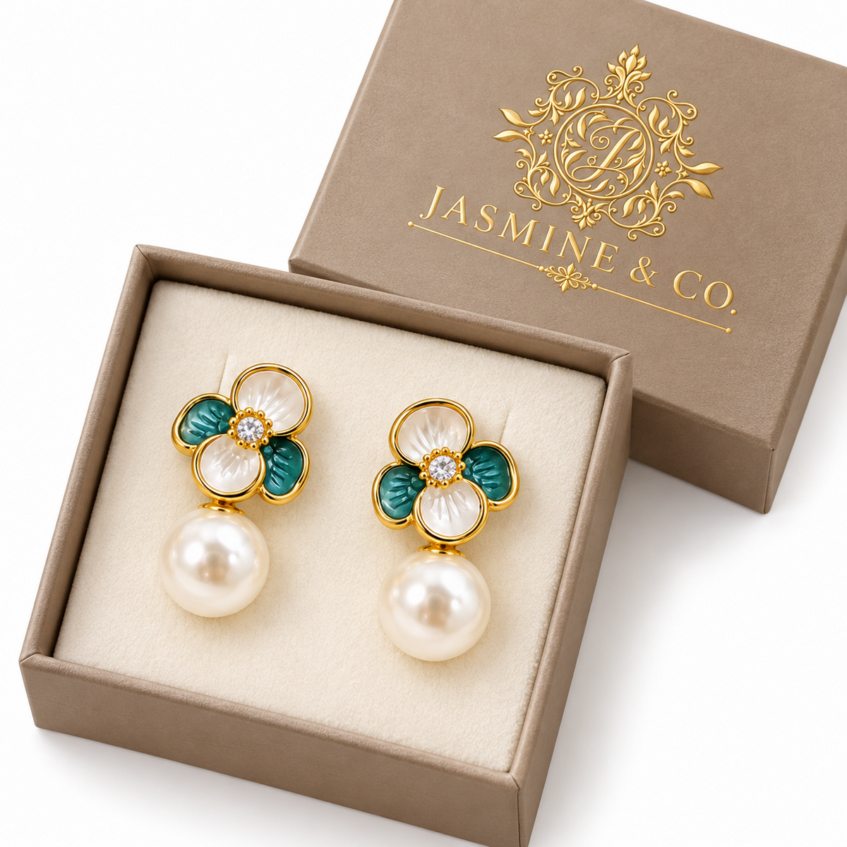 Anti-Tarnish Green and Ivory Floral Pearl Drop Earrings - branded gift box