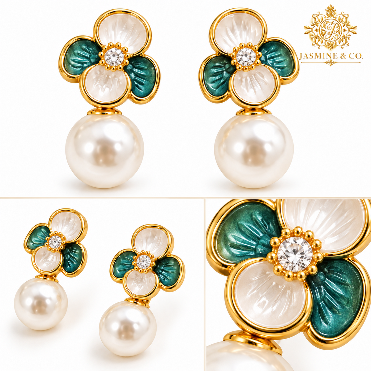 Anti-Tarnish Green and Ivory Floral Pearl Drop Earrings - multi-angle details