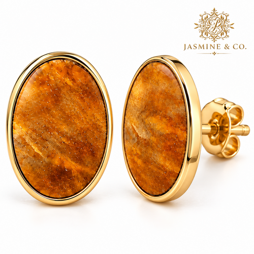 Anti-Tarnish Amber-Tone Oval Stone Stud Earrings - close-up detail