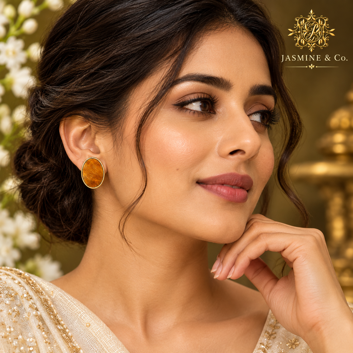 Anti-Tarnish Amber-Tone Oval Stone Stud Earrings - model wearing