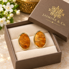 Anti-Tarnish Amber-Tone Oval Stone Stud Earrings - branded packaging