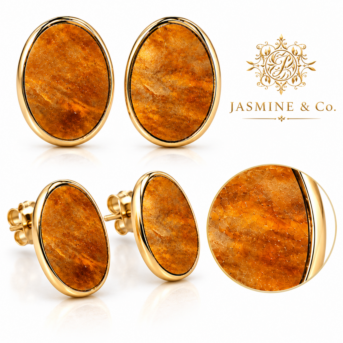 Anti-Tarnish Amber-Tone Oval Stone Stud Earrings - multi-angle collage
