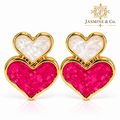 Anti-Tarnish Pink & Ivory Double Heart Stud Earrings - studio hero