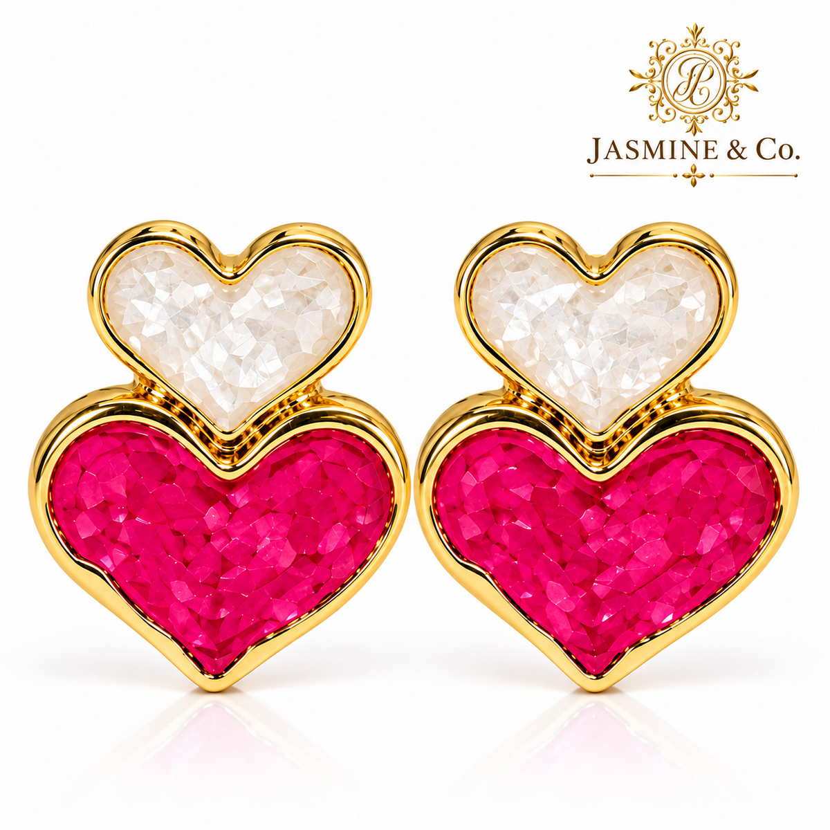 Anti-Tarnish Pink & Ivory Double Heart Stud Earrings - studio hero
