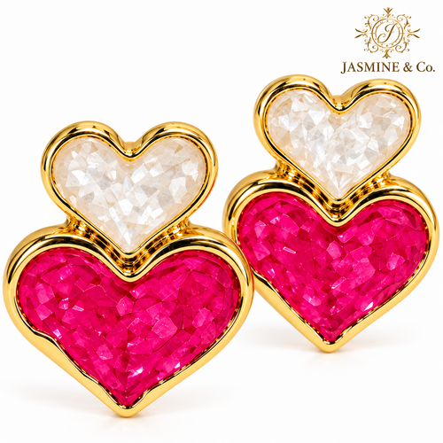 Anti-Tarnish Pink & Ivory Double Heart Stud Earrings - close-up detail