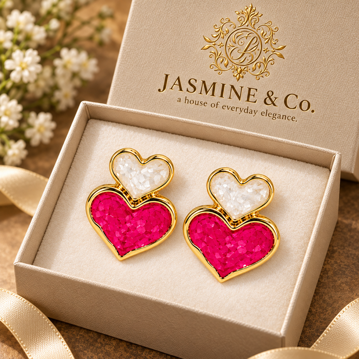 Anti-Tarnish Pink & Ivory Double Heart Stud Earrings - branded packaging