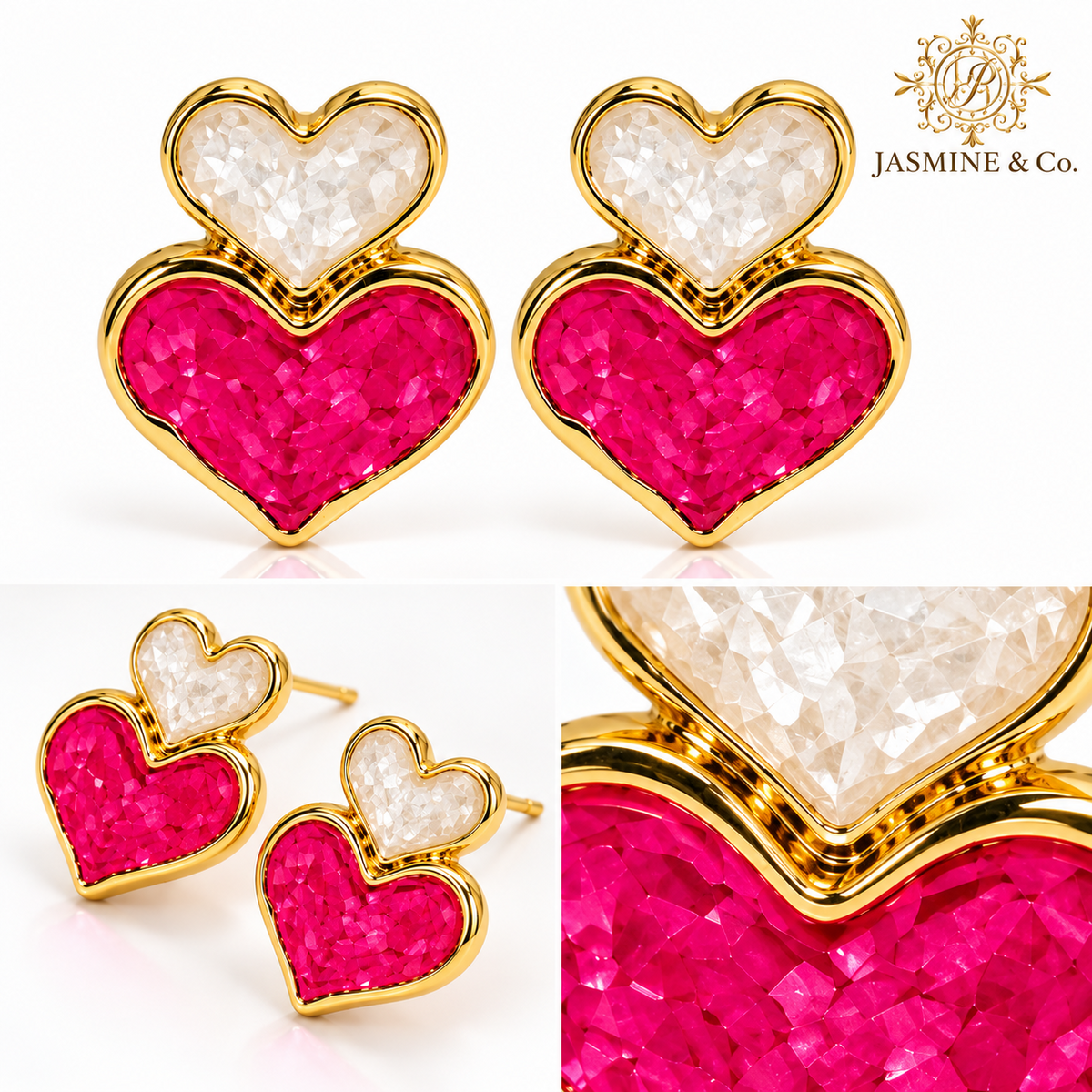Anti-Tarnish Pink & Ivory Double Heart Stud Earrings - multi-angle collage